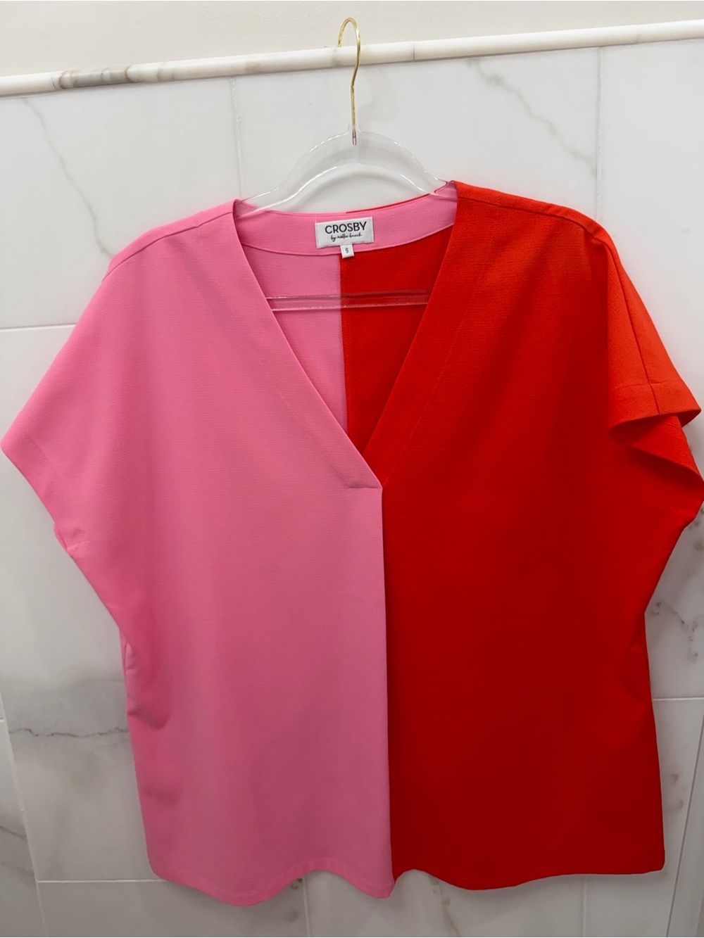 Crosby Pink and Red Colorblock V-Neck Top